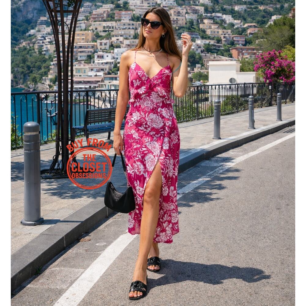 Zara NWT Pink Floral Strappy V Neck Side Slit Midi Slip Dress L XL - Picture 11 of 16